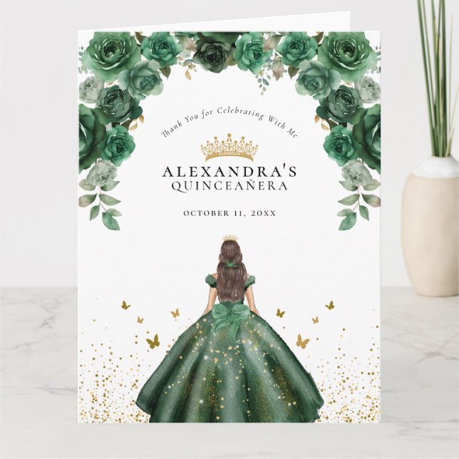 Carte De Remerciements Élégant Emerald Quinceañera Floral Faux Foil (Devant)