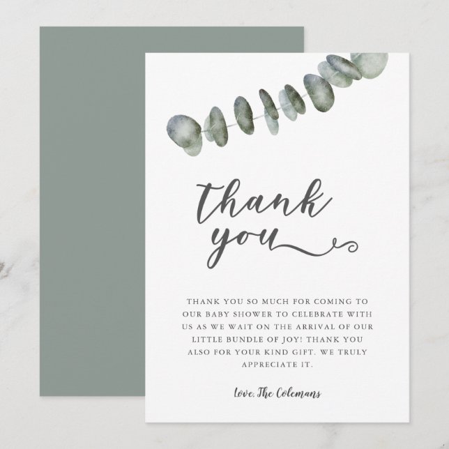 Carte De Remerciements Elégant Eucalyptus Aquarelle Feuille Baby shower (Devant / Derrière)