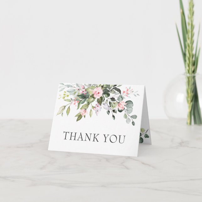 Carte De Remerciements Elégant Eucalyptus Blush Rose Roses Mariage (Devant)