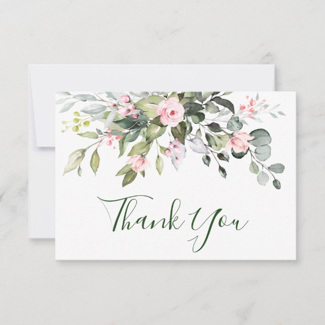 Carte De Remerciements Elégant Eucalyptus Blush Roses Rose Mariage Floral (Devant)