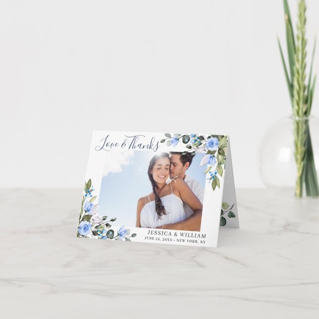 Carte De Remerciements Elégant Eucalyptus Dusty Blue Roses simple PHOTO (Devant)