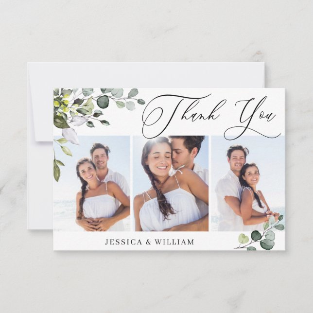 Carte De Remerciements Elégant Eucalyptus Green 3 Mariage PHOTO (Devant)