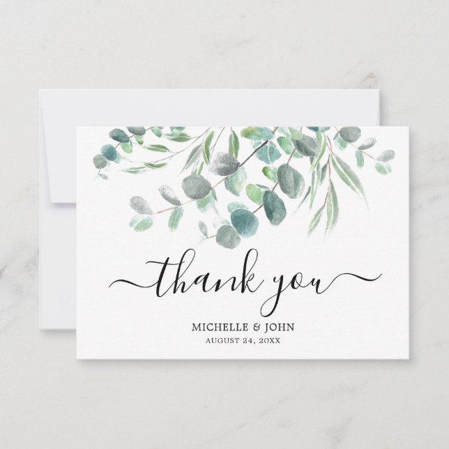 Carte De Remerciements Elégant Eucalyptus Mariage de script d'aquarelle (Devant)