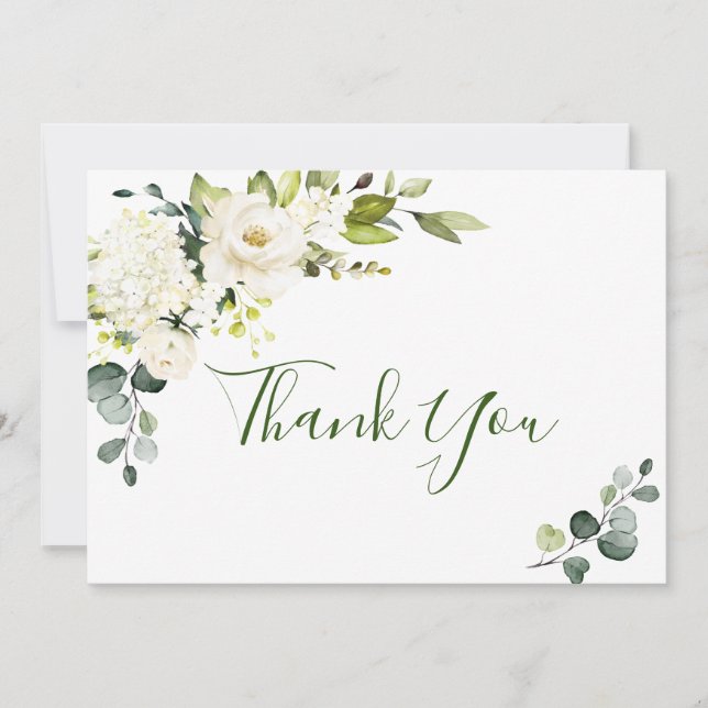 Carte De Remerciements Elégant Eucalyptus Roses Blanches Floral (Devant)