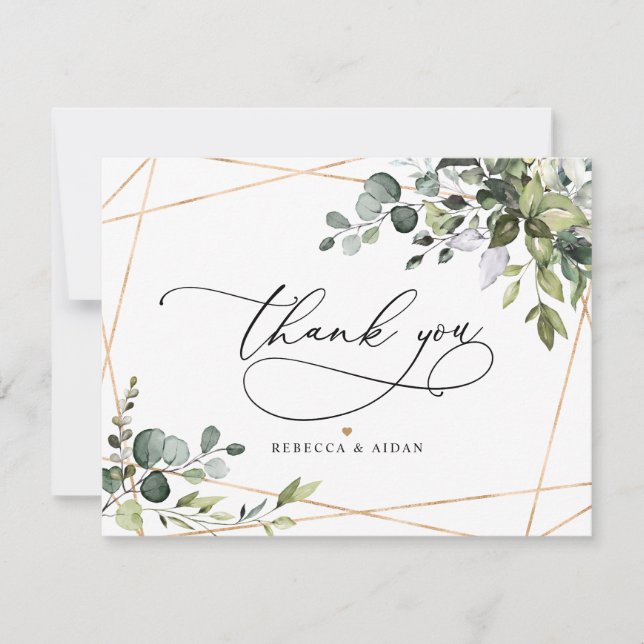 Carte De Remerciements Elégant Eucalyptus Verdure Mariage Or (Devant)