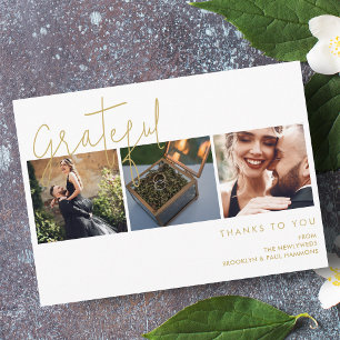 Carte De Remerciements Elégant faux effet or Grateful 3 Photos Mariage