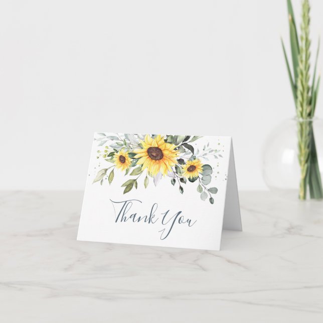 Carte De Remerciements Élégant feuillage d'aquarelle des tournesols Eucal (Devant)