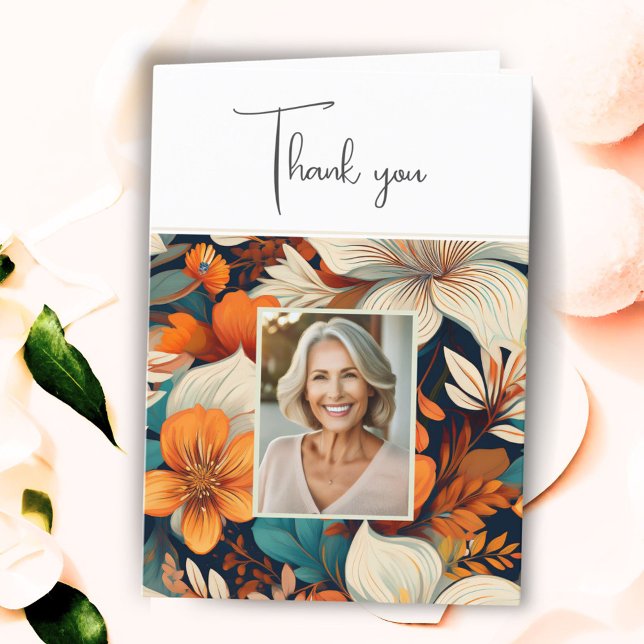Carte De Remerciements Élégant feuillage de fleurs Motif Photo Anniversai (Créateur téléchargé)