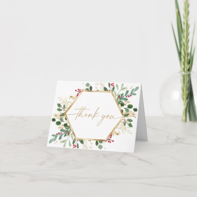 Carte De Remerciements Élégant feuillage de Noël vert or rouge (Devant)