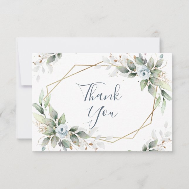 Carte De Remerciements Élégant feuillage Fleurs bleues poussiéreuses (Devant)