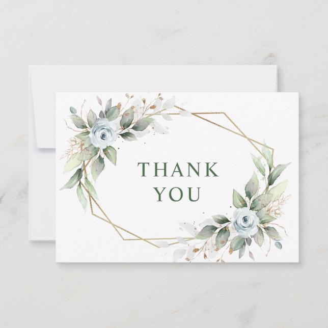 Carte De Remerciements Élégant feuillage Fleurs bleues poussiéreuses (Devant)