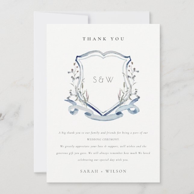 Carte De Remerciements Élégant Fleur sauvage bleu Monogram Crest Mariage (Devant)
