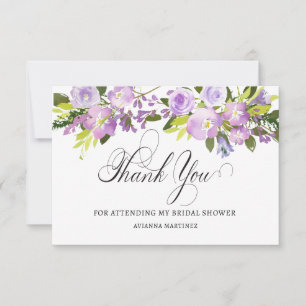Carte De Remerciements Élégant floral blanc violet pour la douche de la m