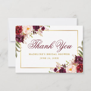 Carte De Remerciements Élégant floral bordeaux doré pour une douche de ma