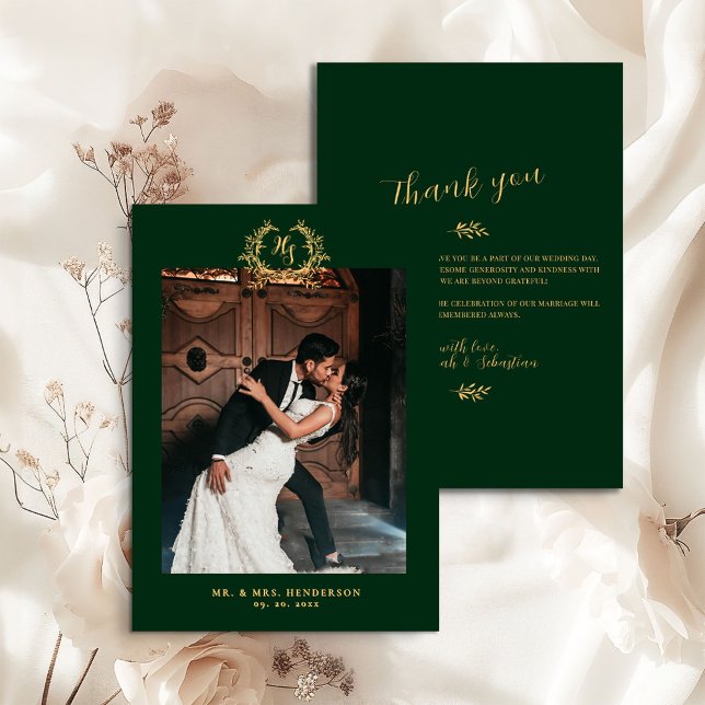 Carte De Remerciements Elegant Floral Crest Emerald Gold (Créateur téléchargé)