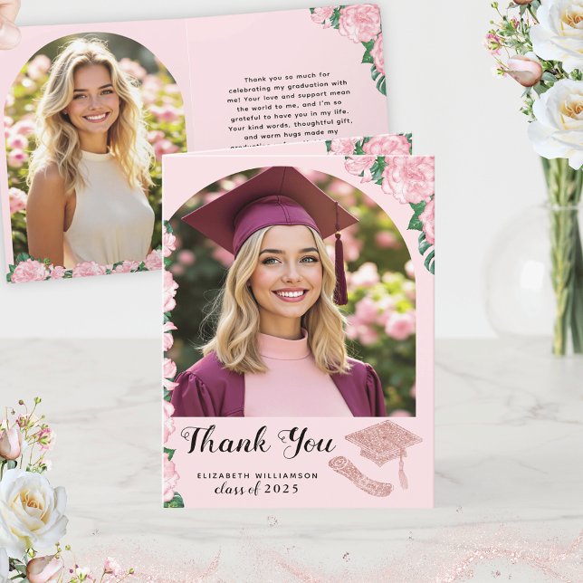 Carte De Remerciements Élégant floral rose Arche photo Graduation (Créateur téléchargé)
