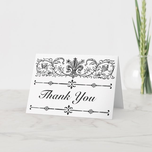 Carte De Remerciements Élégant floral stylé noir blanc Fleur de Lis (Devant)