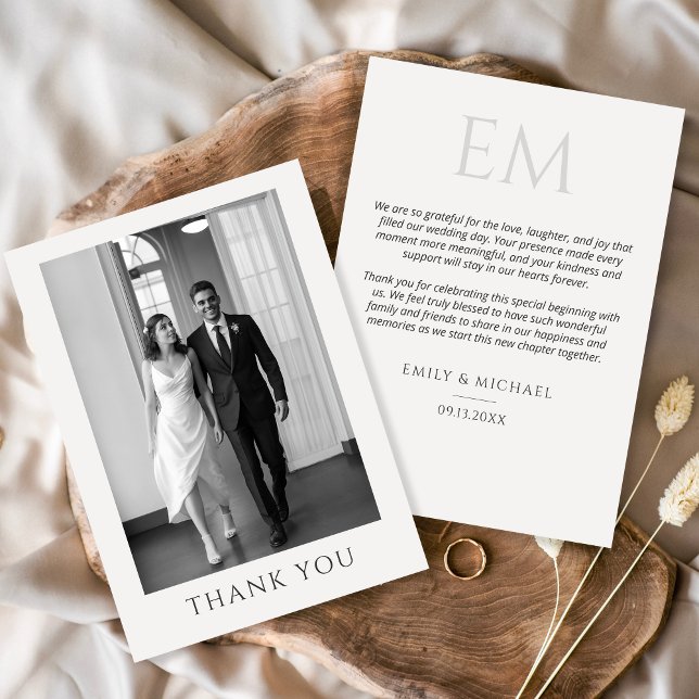 Carte De Remerciements Elegant Formal Wedding Photo Monogram Thank You (Créateur téléchargé)