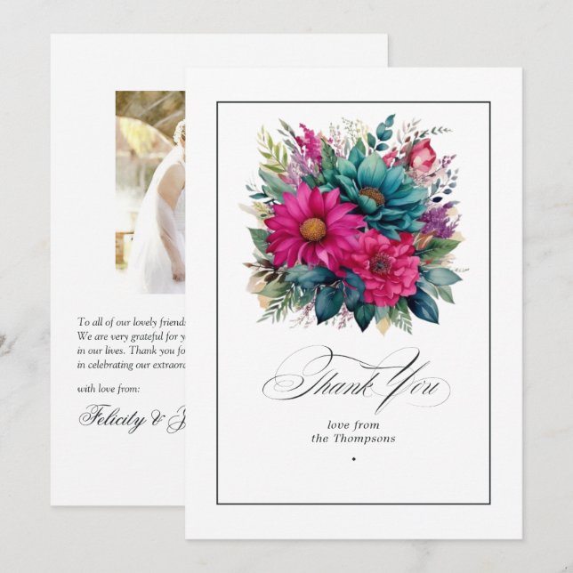 Carte De Remerciements Elégant Fuchsia et Mariage vert émeraude (Devant / Derrière)