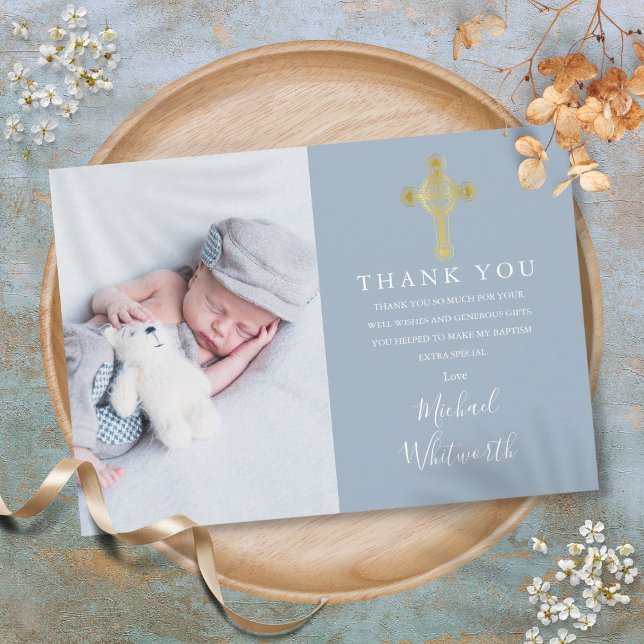 Carte De Remerciements Elégant Gold Cross Photo Signature Script Baptême (Elegant Gold Cross Photo Signature Script Baptism Thank You Card)