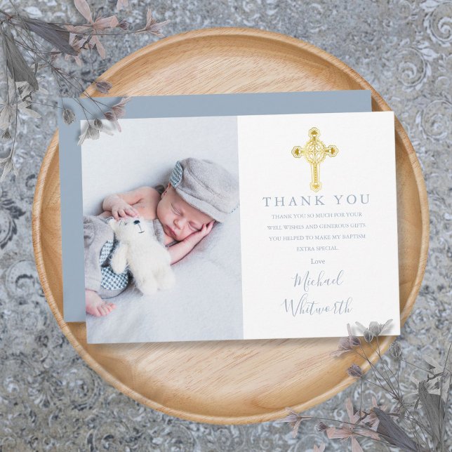 Carte De Remerciements Elégant Gold Cross Photo Signature Script Baptême (Elegant Gold Cross Photo Signature Script Baptism Thank You Card)