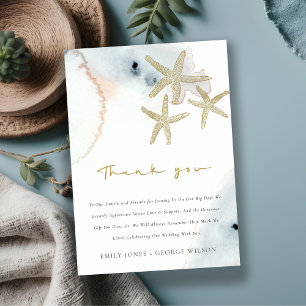 CARTE DE REMERCIEMENTS ÉLÉGANT GOLD DUSKY BLUE BEACHING STARFISH MARIAGE