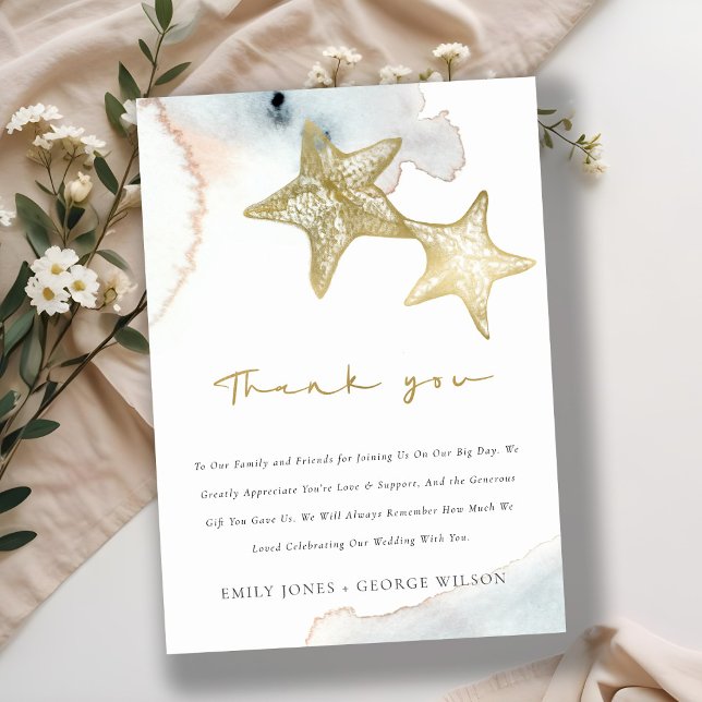 CARTE DE REMERCIEMENTS ÉLÉGANT GOLD DUSKY BLUE BEACHING STARFISH MARIAGE (Créateur téléchargé)
