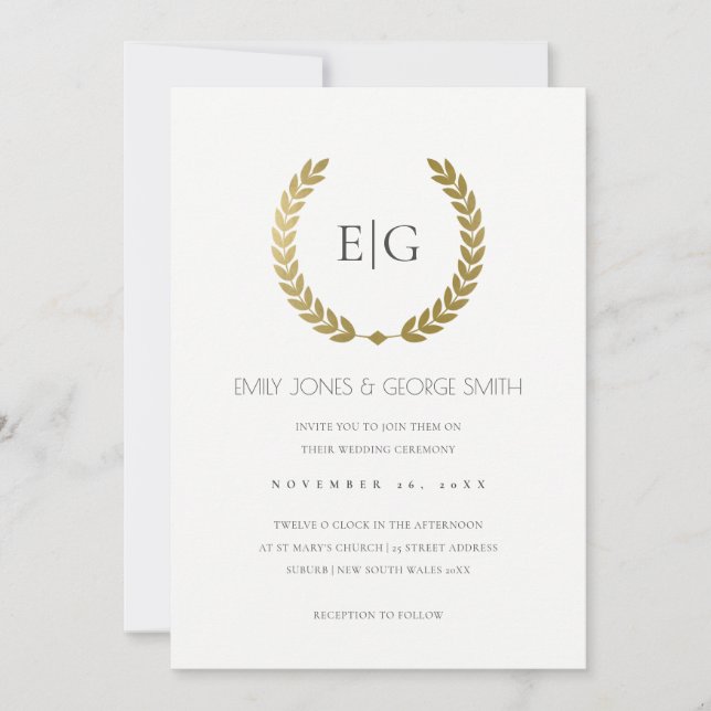 CARTE DE REMERCIEMENTS ÉLÉGANT GOLD FLORAL LAUREL WREATING MARIAGE INVITE (Devant)