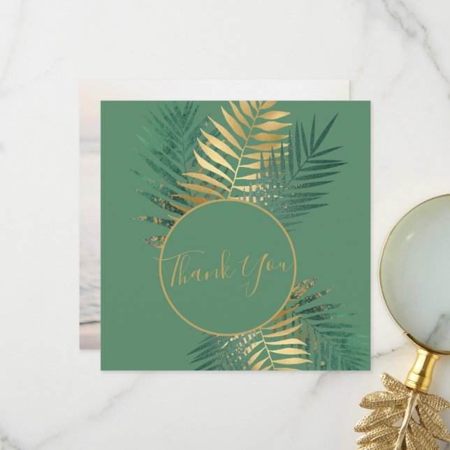 Carte De Remerciements Elegant Gold & Green Tropical Plante photo Mariage (Devant/Arrière en situation)
