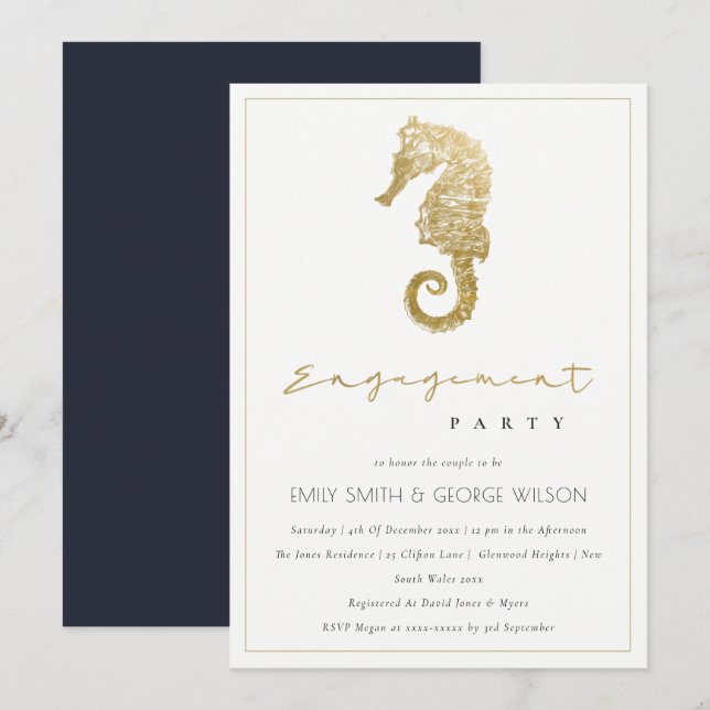 CARTE DE REMERCIEMENTS ELEGANT GOLD NAVY SEAHORSE ENGAGEMENT PARTI INVITA (Devant / Derrière)