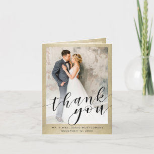 Carte De Remerciements Elegant Gold Photo Black Script Wedding Thank You