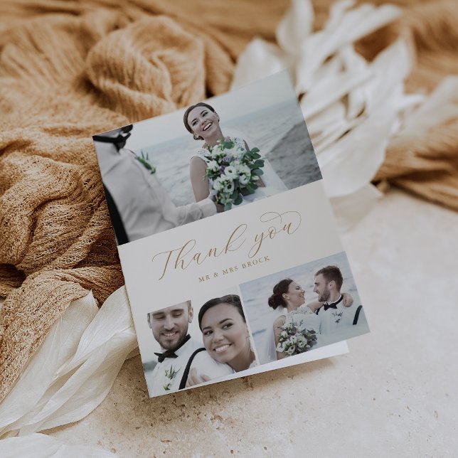 Carte De Remerciements Élégant Gold Script 3 Photo Collage plié Mariage (Créateur téléchargé)