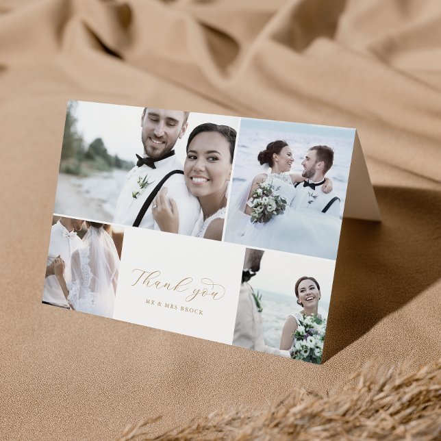 Carte De Remerciements Élégant Gold Script 4 Photo Collage plié Mariage (Créateur téléchargé)