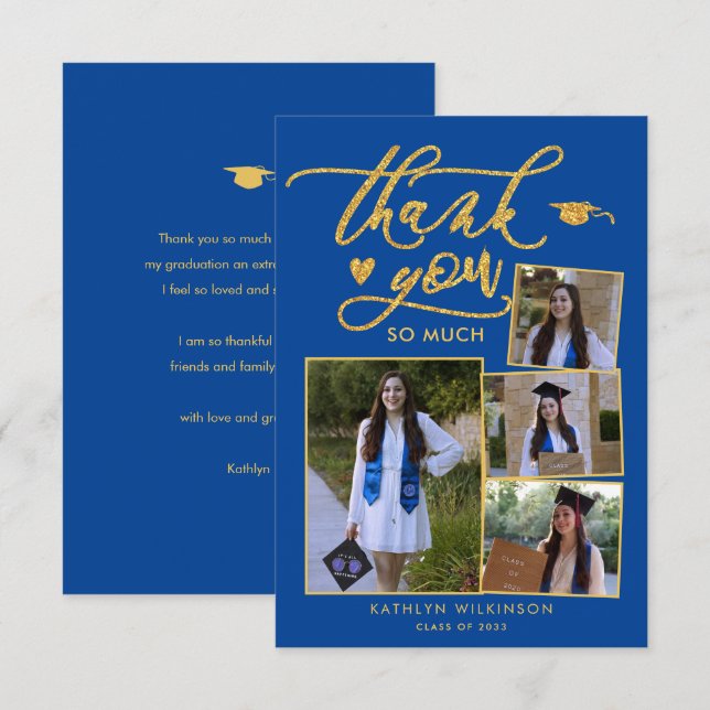 Carte De Remerciements Élégant Gold Script Blue 4 Photo Graduation (Devant / Derrière)
