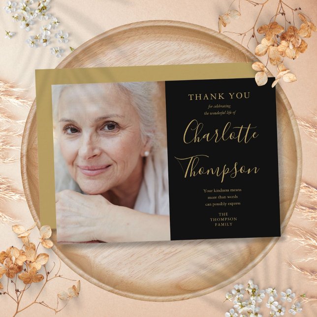Carte De Remerciements Élégant Gold Script Memorial Funeral Photo (Elegant Gold Script Memorial Funeral Photo Thank You Card)