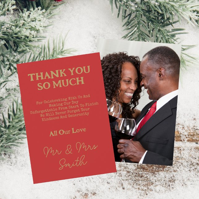 Carte De Remerciements Elégant Gold Script Mr & Mrs Mariage Photo Rouge (Front And Back)
