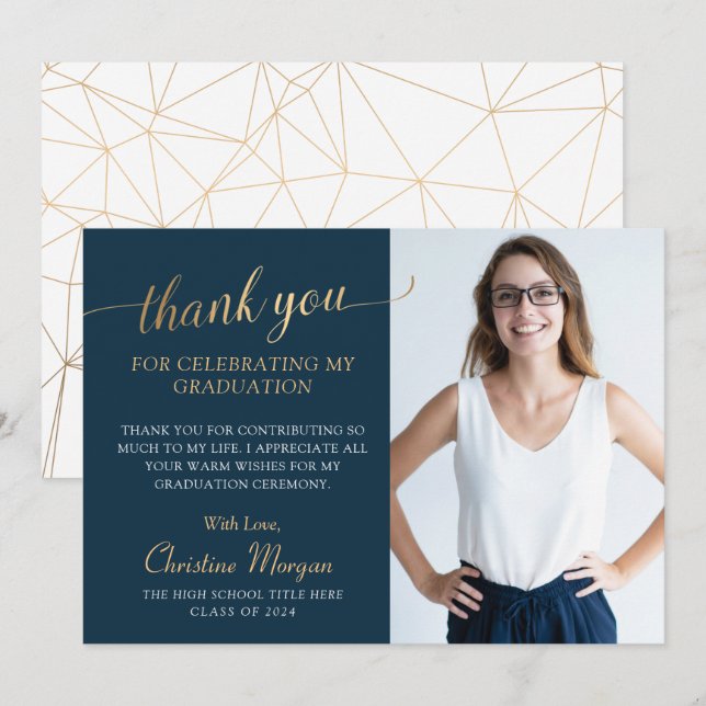 Carte De Remerciements Élégant Gold Script Navy Blue Graduation Photo Tha (Devant / Derrière)