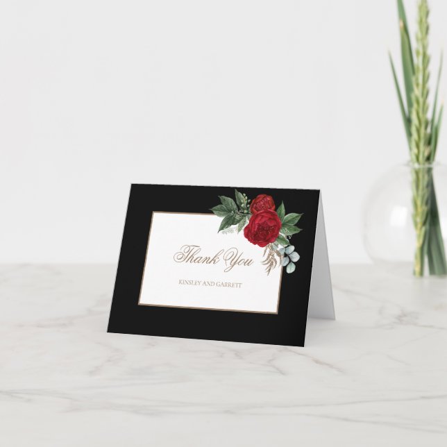 Carte De Remerciements Élégant Gold Script Rouge Floral (Devant)