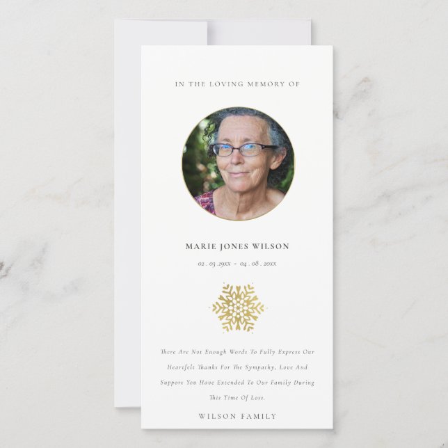Carte De Remerciements Elégant Gold Snowflake Circle Photo Memorial (Devant)
