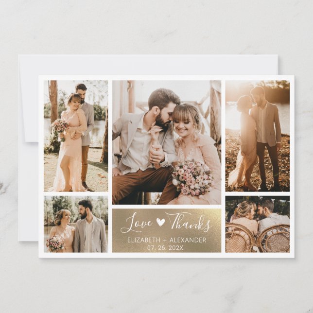 Carte De Remerciements Elegant Gold White Heart Photo Collage Mariage (Devant)