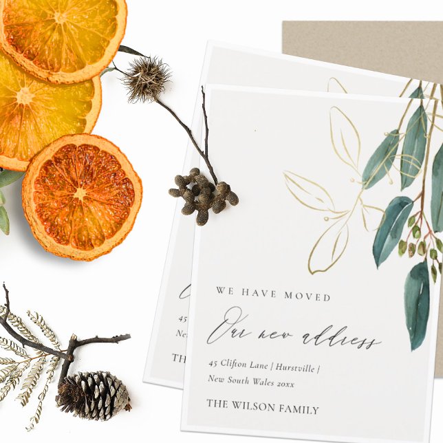 Carte De Remerciements Elegant Green Gold Eucalyptus We have Moved Card (Créateur téléchargé)