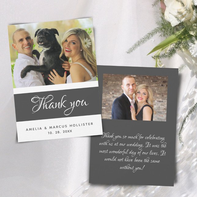 Carte De Remerciements Élégant Gris Script 2 Mariage photo (Créateur téléchargé)