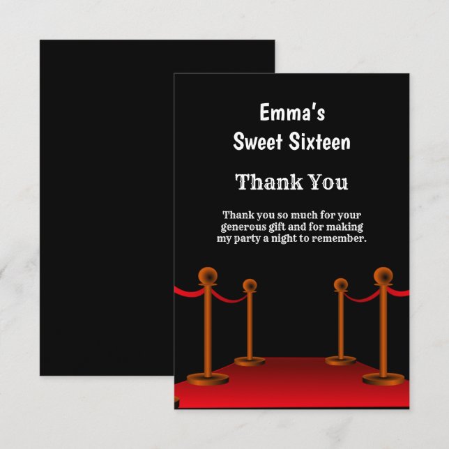 Carte De Remerciements Elégant Hollywood Red Carpet Sweet 16 Anniversaire (Devant / Derrière)