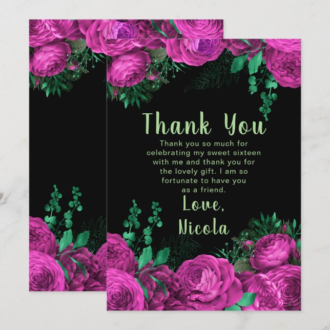 Carte De Remerciements Elegant Hot Pink Flowers Sweet Sixteen (Devant / Derrière)