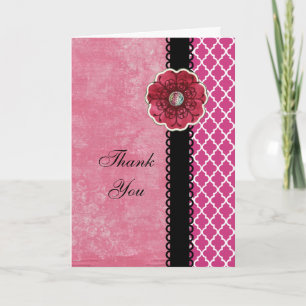 Carte De Remerciements Elegant Hot Pink Quatrefoil Black Flower Thank You
