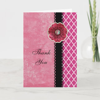 Carte De Remerciements Elegant Hot Pink Quatrefoil Black Flower Thank You