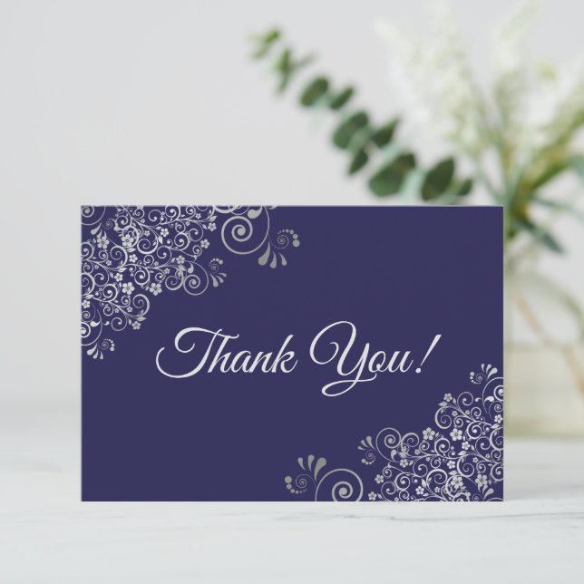 Carte De Remerciements Élégant Lacy Silver & Navy Bleu Simple Mariage (Debout devant)