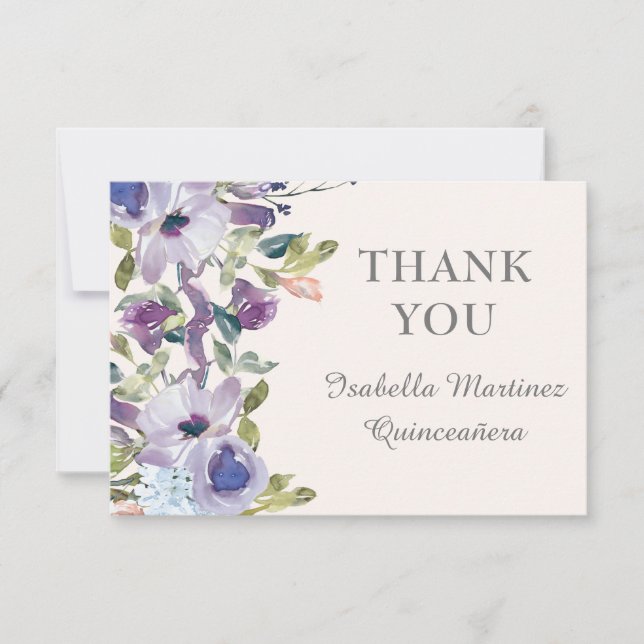 Carte De Remerciements Elégant Lilac bleu Floral Horizontal Quinceañera (Devant)