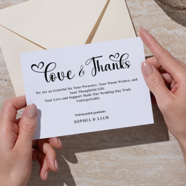 Carte De Remerciements Elegant Love and Thanks Heart Script Wedding  (love and thanks wedding thank you cards elegant black and white script calligraphy modern simple )