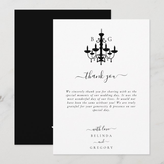 Carte De Remerciements Élégant lustre noir blanc Mariage (Devant / Derrière)